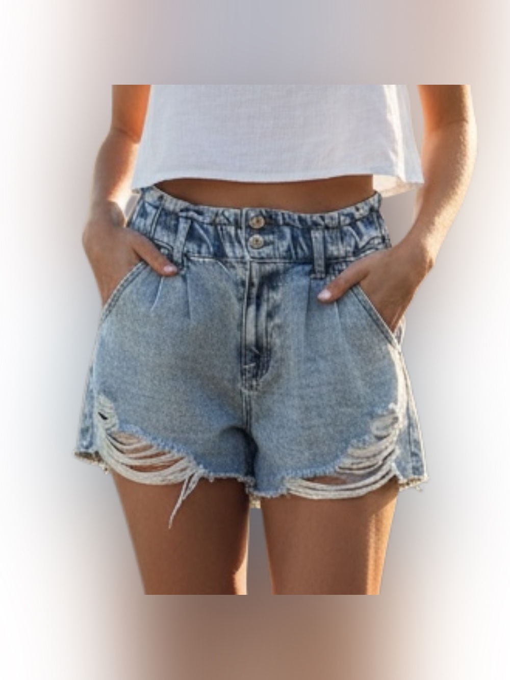 Happily Grey Women's 9/29 Blue Light Wash High Rise Distressed Cutoff Shorts